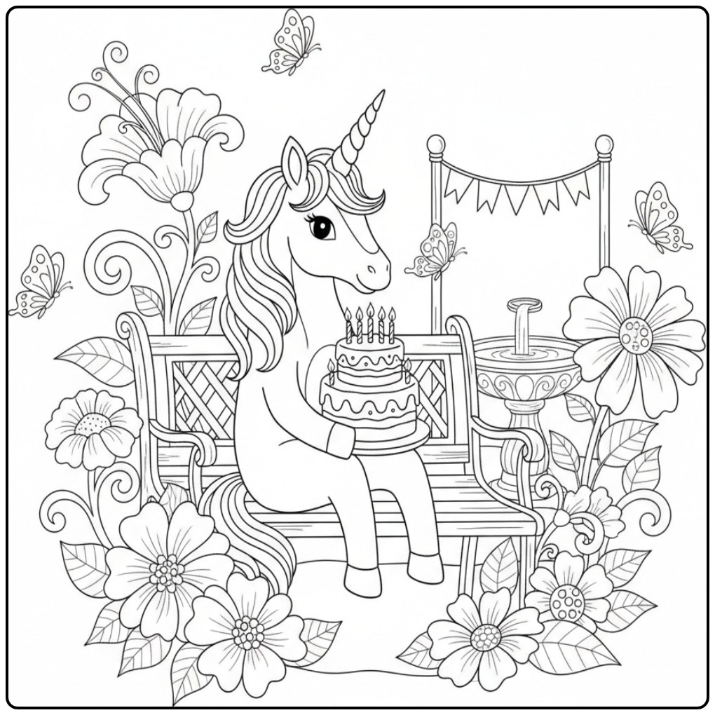 Festive Birthday Cake Unicorn on a Bench in the Garden coloring page
