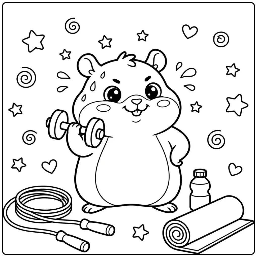 Cute Hamster coloring page with weights