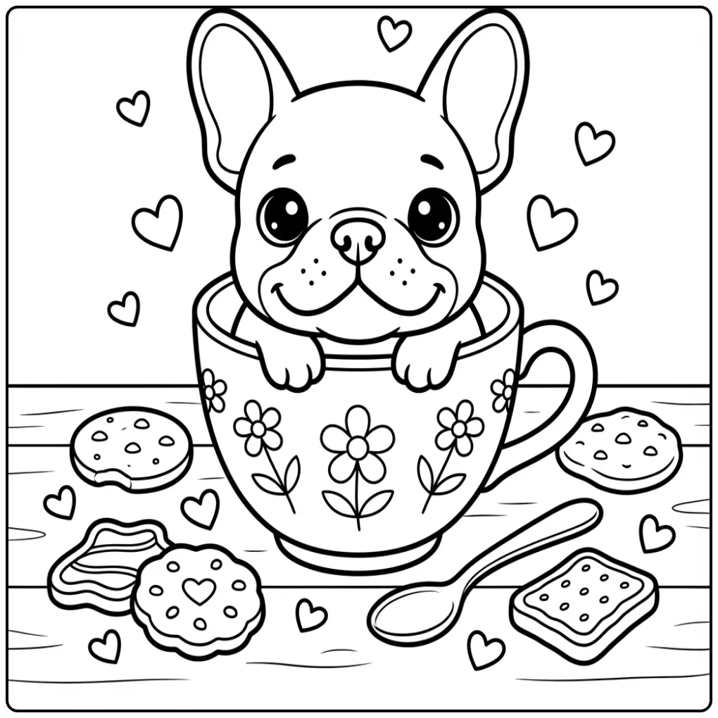 French Bulldog Cute Puppy Among Hearts coloring page