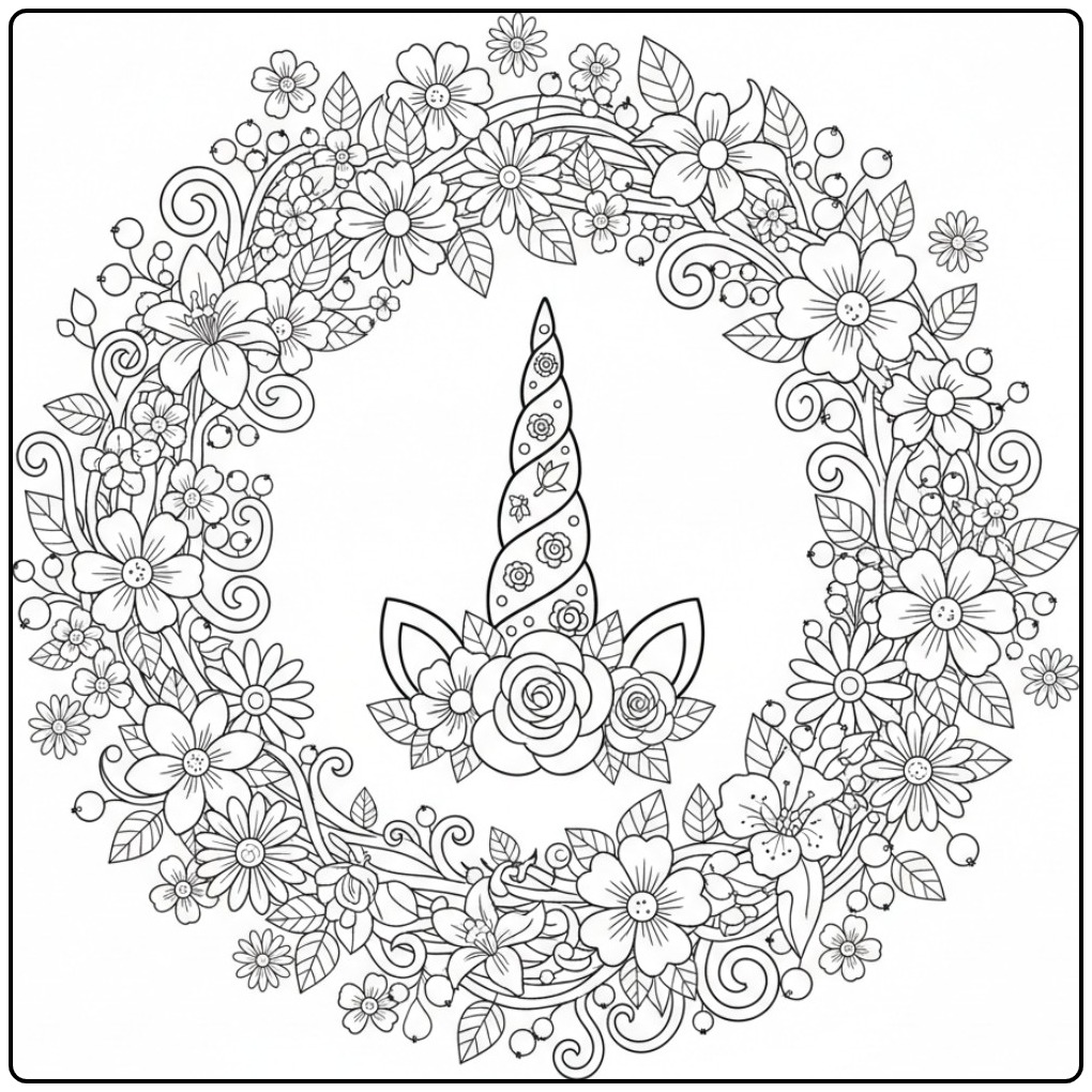 Detailed Unicorn Horn and Flowers Mandala coloring page