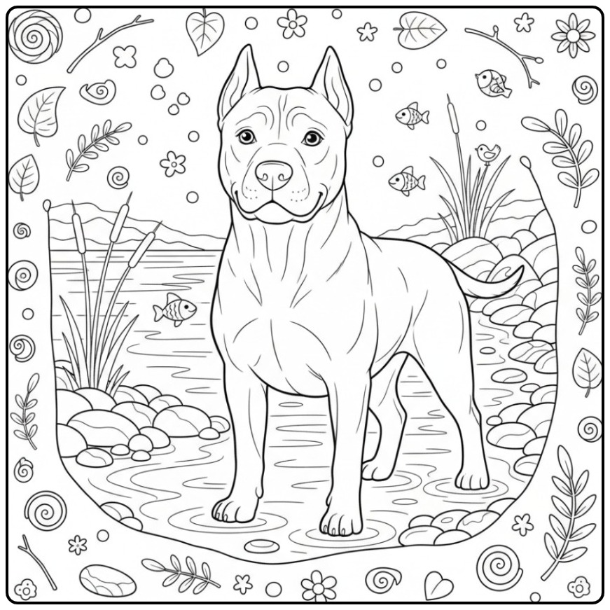 Dogo Argentino by a Riverbank coloring page