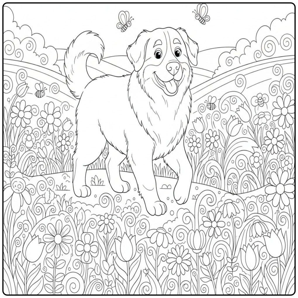 Bernese Mountain Dog in a Flower Meadow coloring page