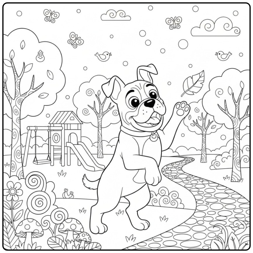 Happy Boxer in the Park coloring page