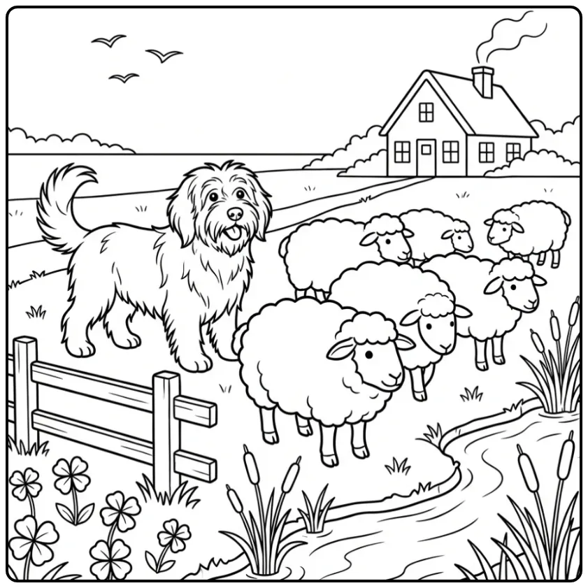 Schapendoes Herding Sheep in a Polder coloring page