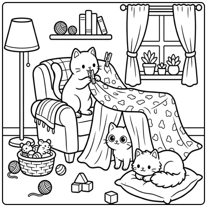 Easy Cats coloring page with kittens building a fort