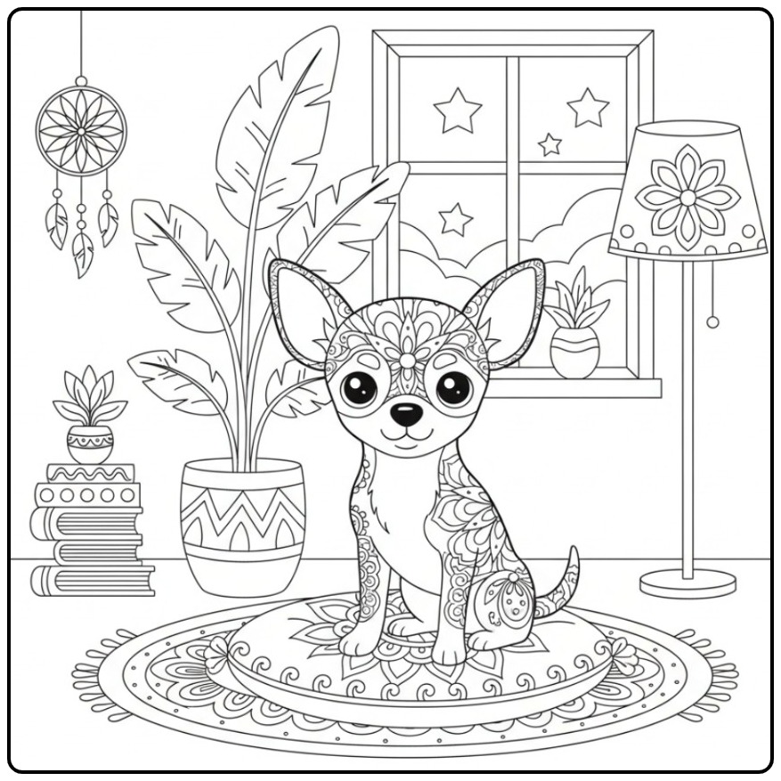 Chihuahua Mandala Dog Resting on a Pillow coloring page