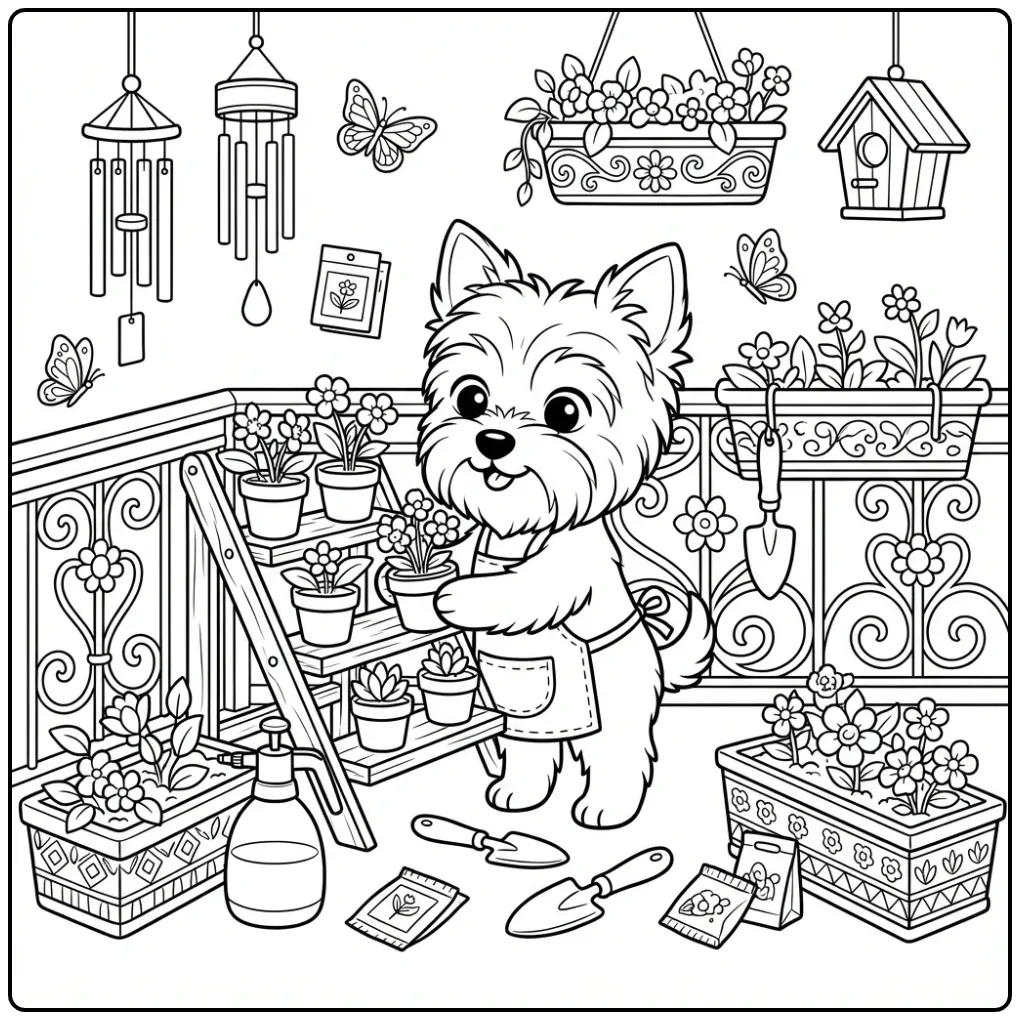 Detailed Puppy with Flower Pots coloring page