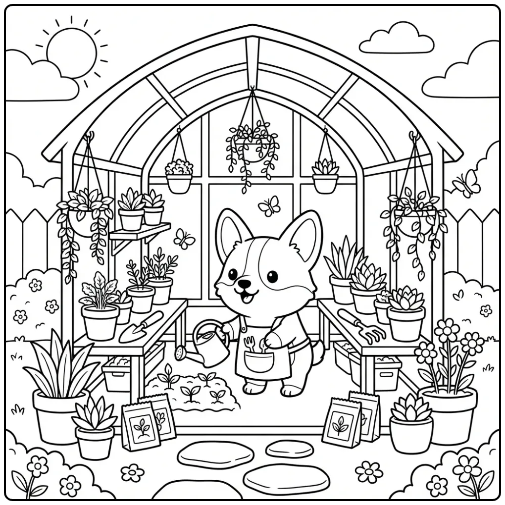 Detailed Puppy with Flower Pots coloring page