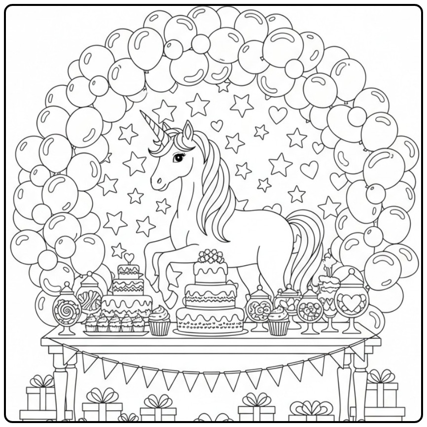Detailed Unicorn Birthday with Party Table coloring page