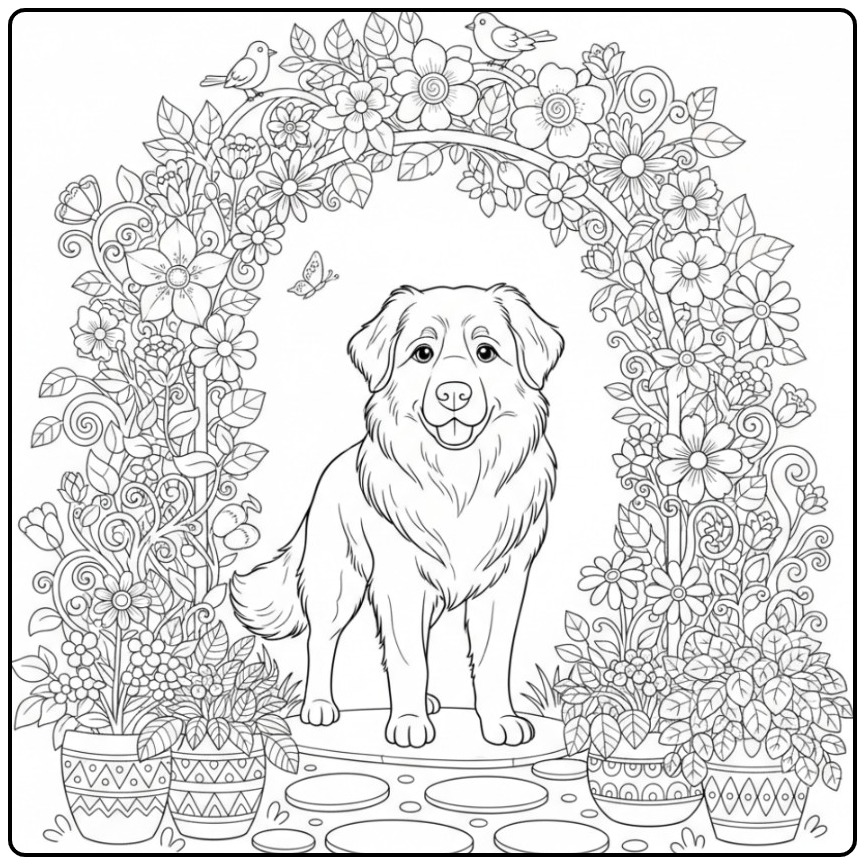 Leonberger in a Secret Garden coloring page