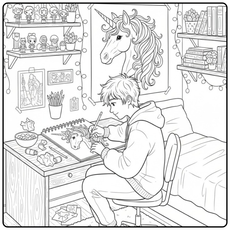 Detailed Drawing Unicorn Head on Paper coloring page