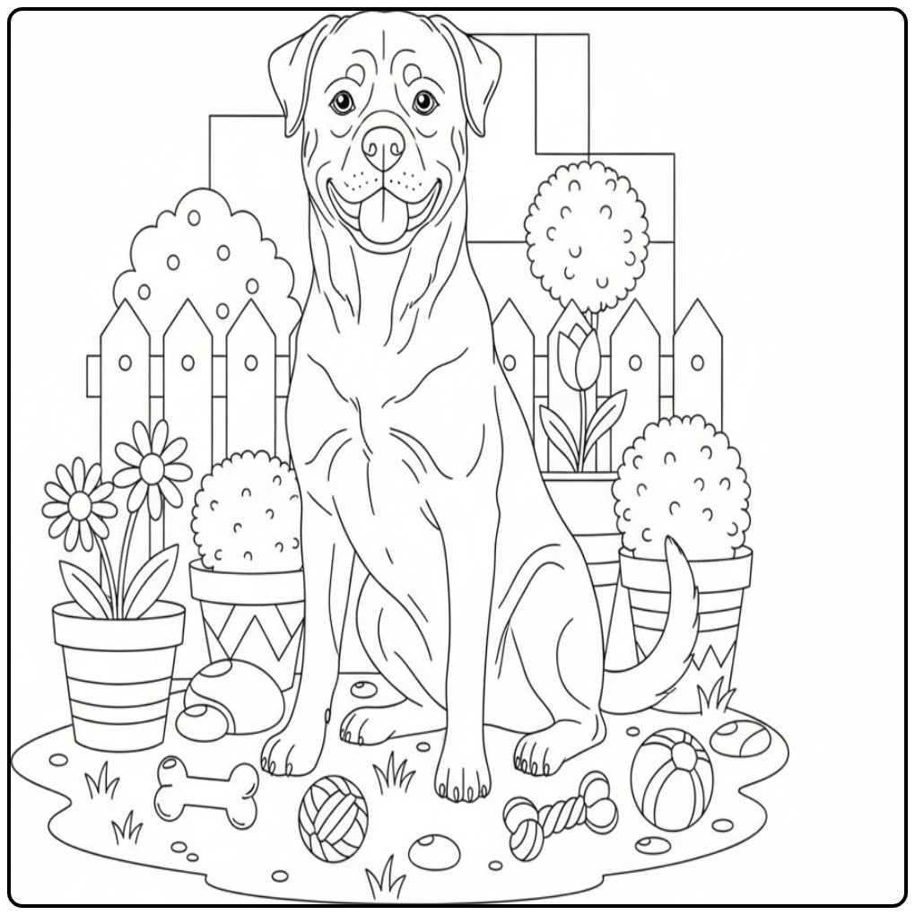 Rottweiler Guarding a Backyard Garden coloring page