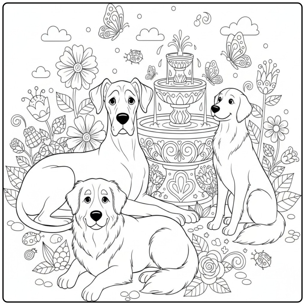 Great Dane, Golden Retriever, and Bernese Mountain Dog by a Fountain coloring page