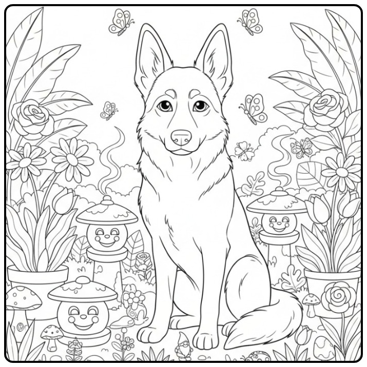 German Shepherd in a Detailed Garden Scene coloring page