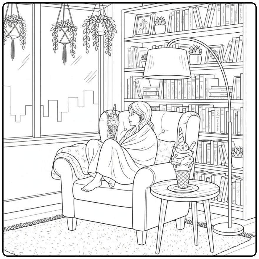 Enjoying This Unicorn Ice Cream a Perfect Relaxing Moment coloring page