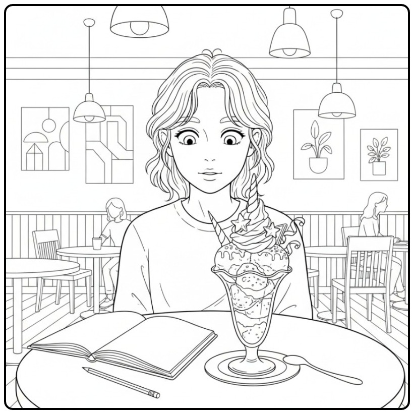 Enjoying This Unicorn Ice Cream Girl in Cafe coloring page