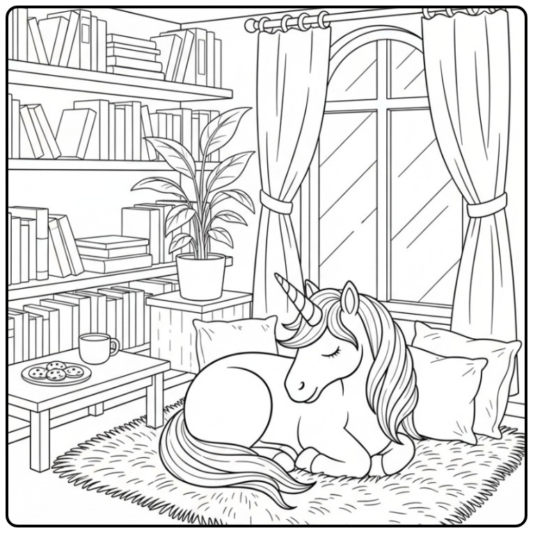 Cozy Nap in the Reading Room Unicorn Easy coloring page