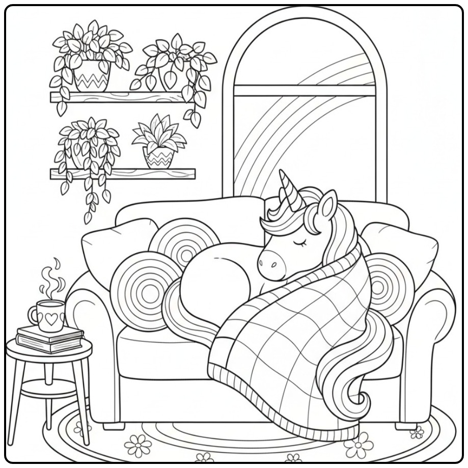 Cozy Nap on the Couch Unicorn Rainbow coloring page