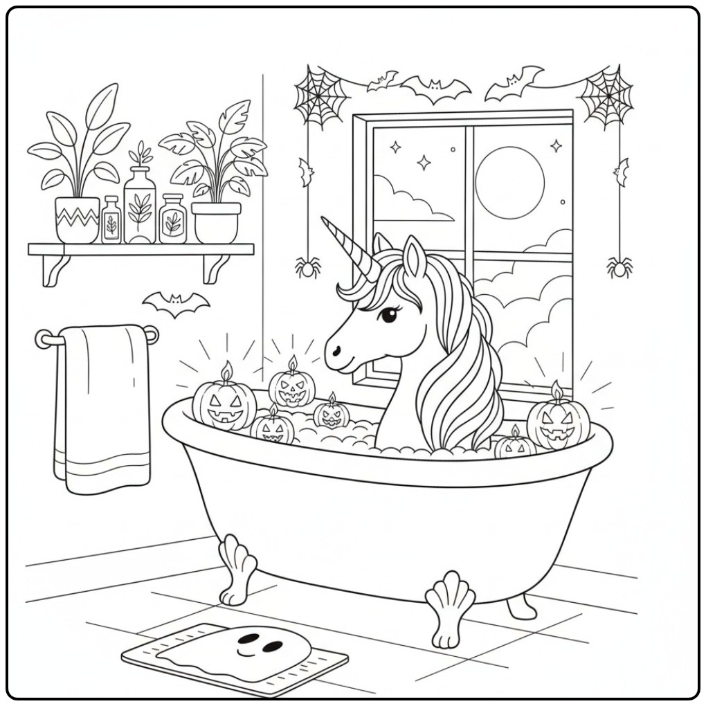 Cozy Griezelen with a Unicorn Halloween coloring page