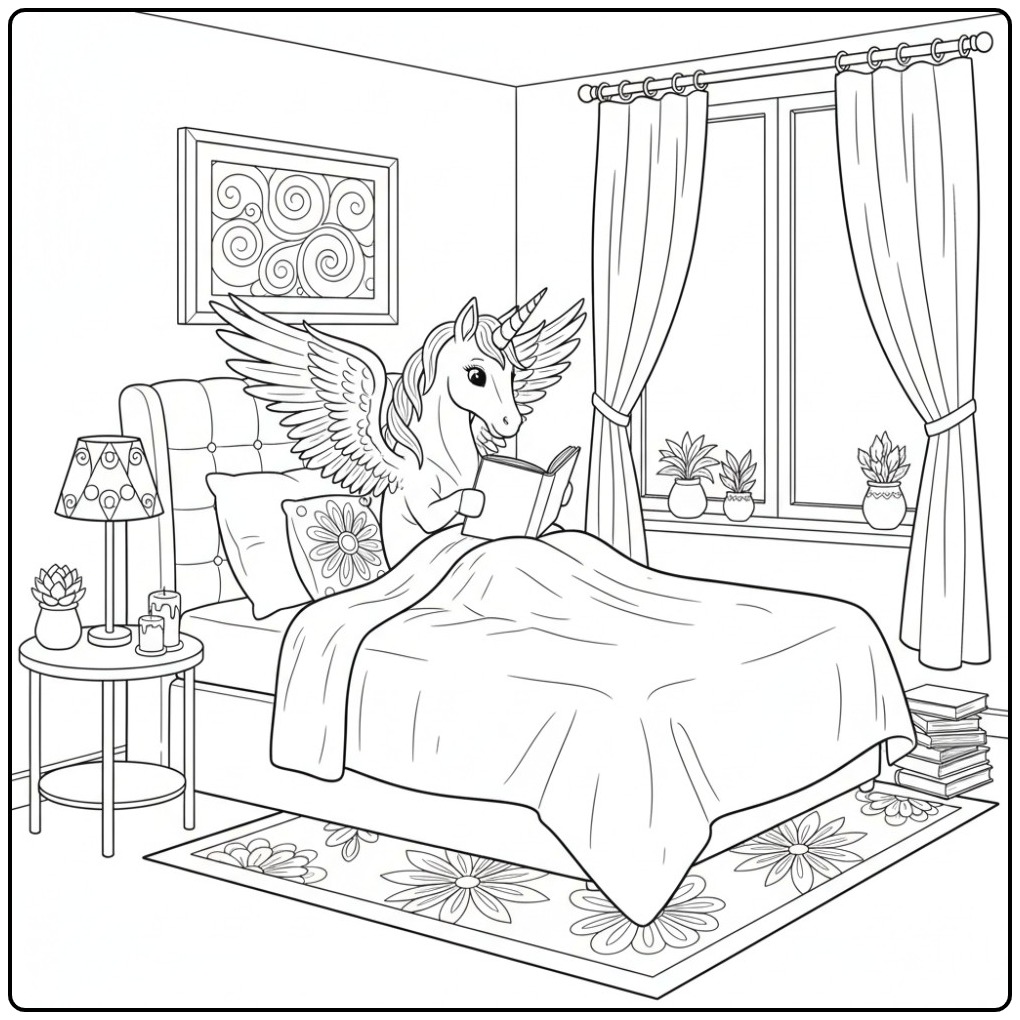 Cozy in Bed Unicorn with Wings coloring page