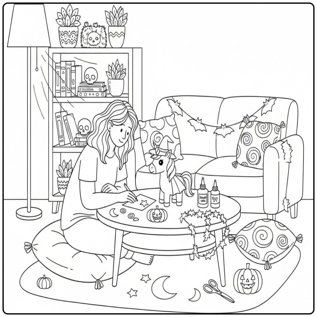 Cozy Crafting with a Unicorn Halloween coloring page