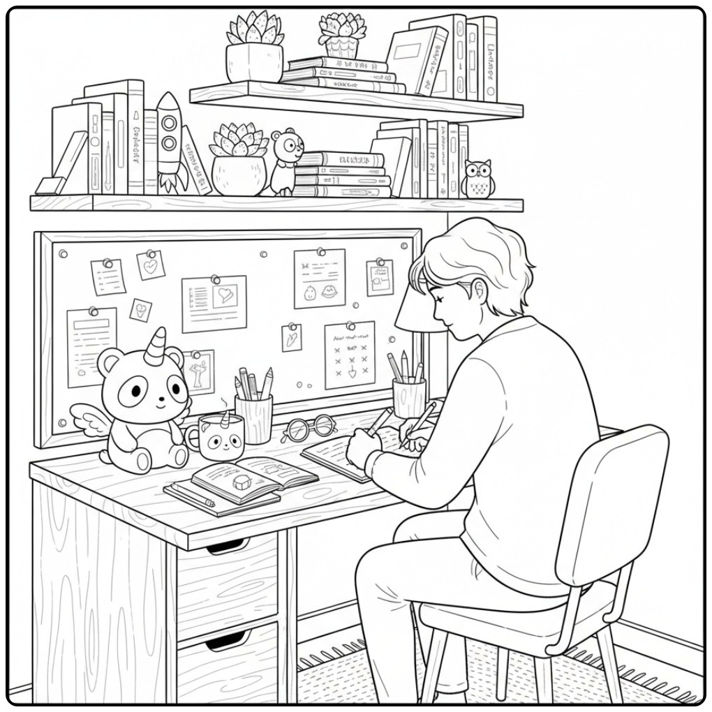 Cozy Studying with a Unicorn Panda coloring page