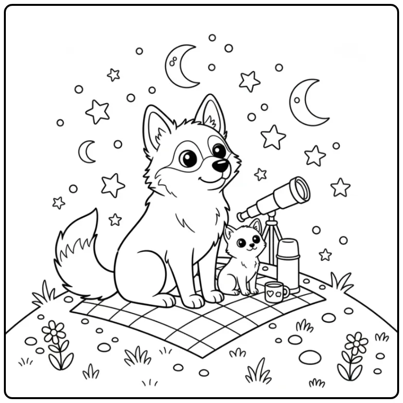 Saarloos Wolfdog and Kitten Stargazing coloring page