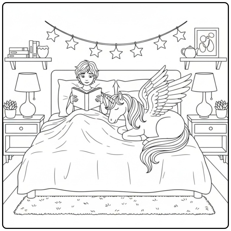 Cozy Evening Unicorn with Wings in Bed coloring page