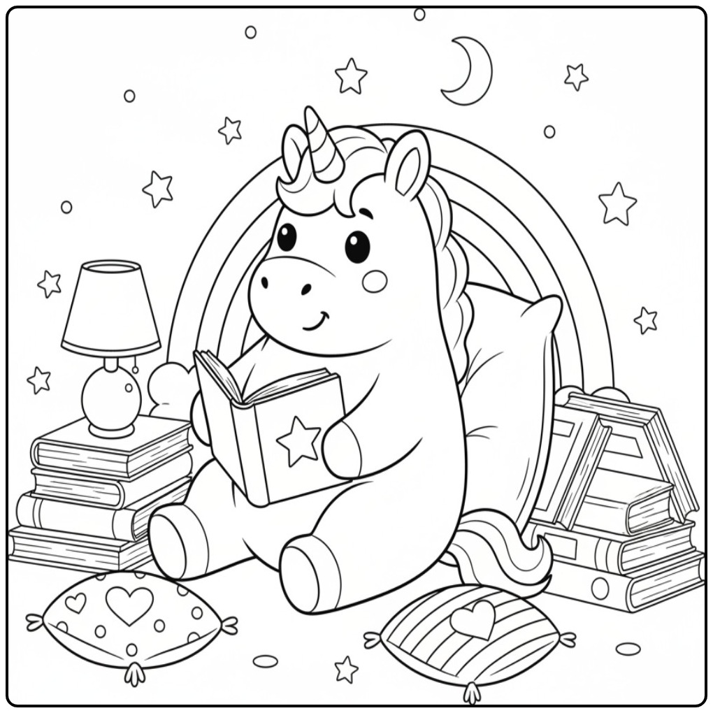 Cozy Evening Unicorn Rainbow coloring page