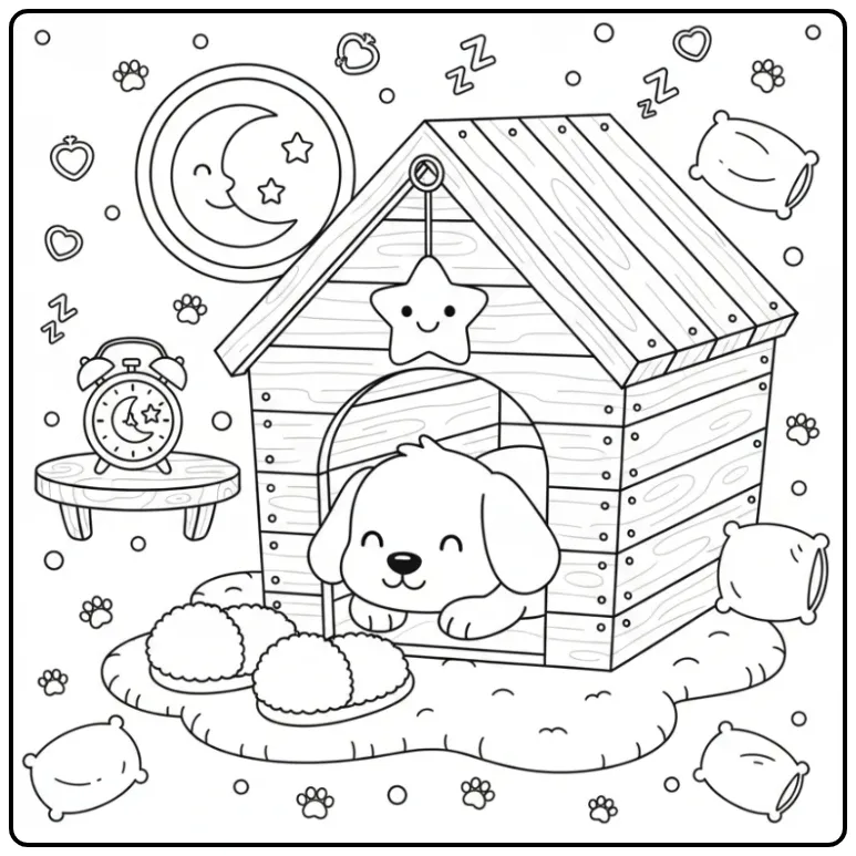 Sleepy Puppy in a Bedtime Doghouse Scene coloring page