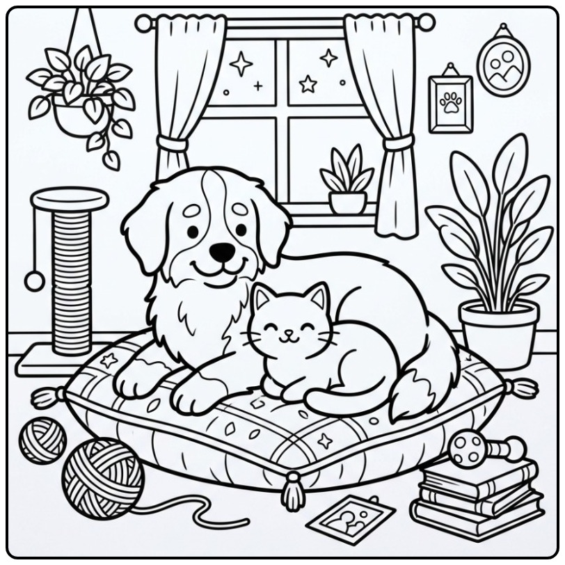 Bernese Mountain Dog Resting with a Cat coloring page