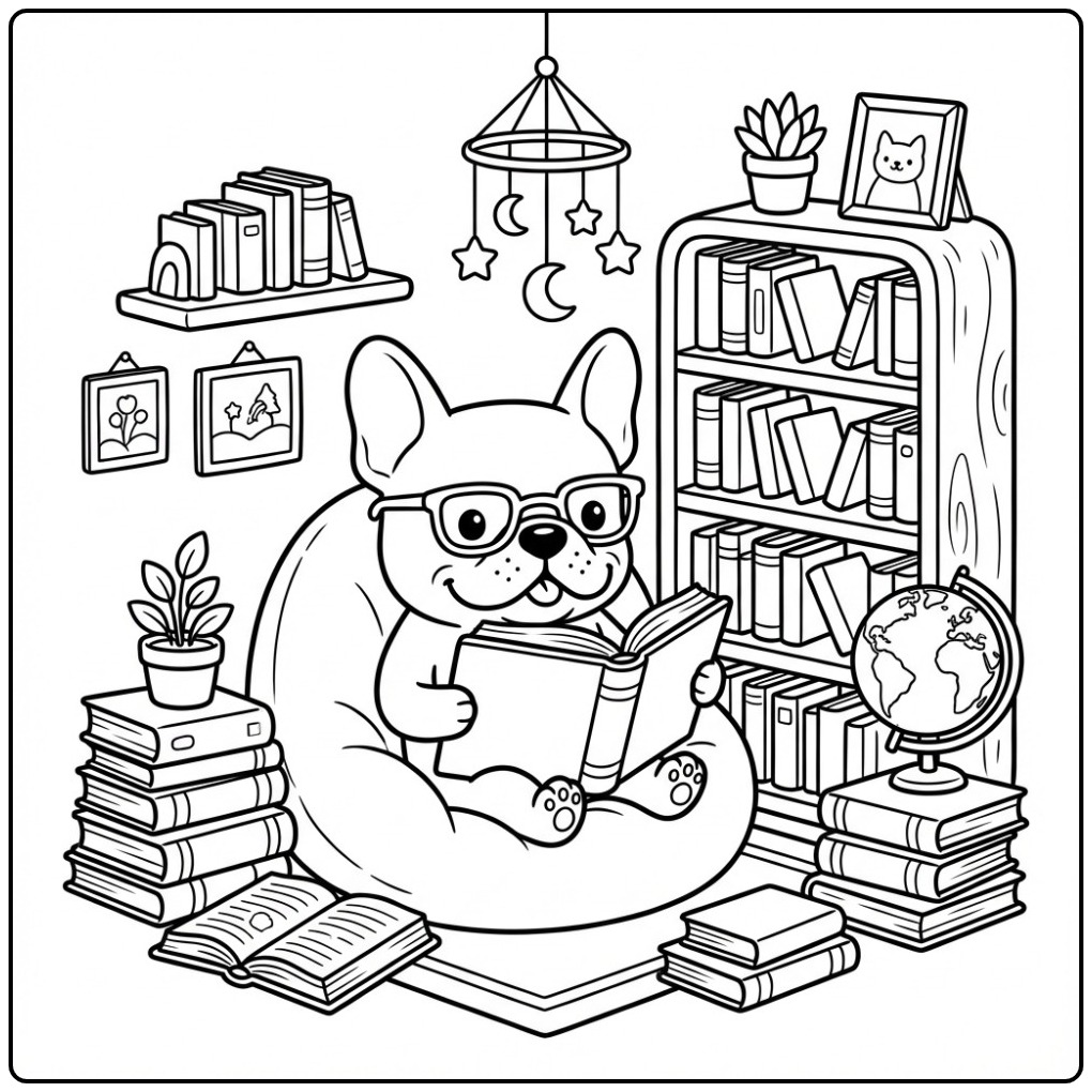 Cozy Library Scene French Bulldog coloring page