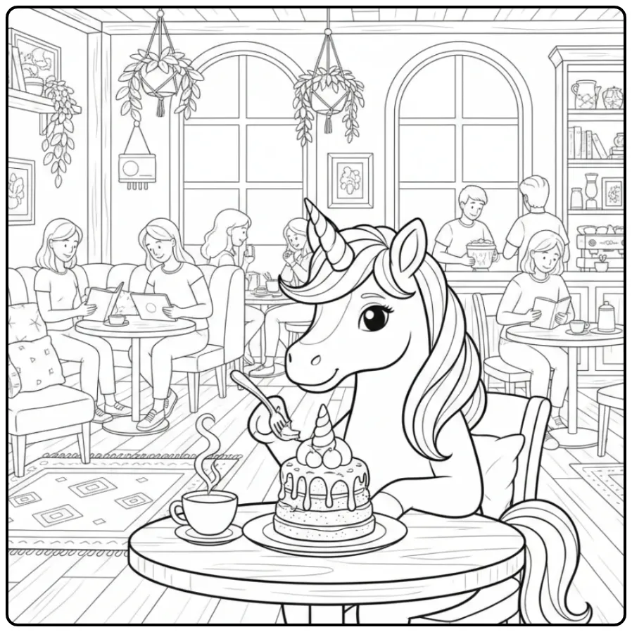 Cozy Cafe Scene with a Unicorn Cake coloring page