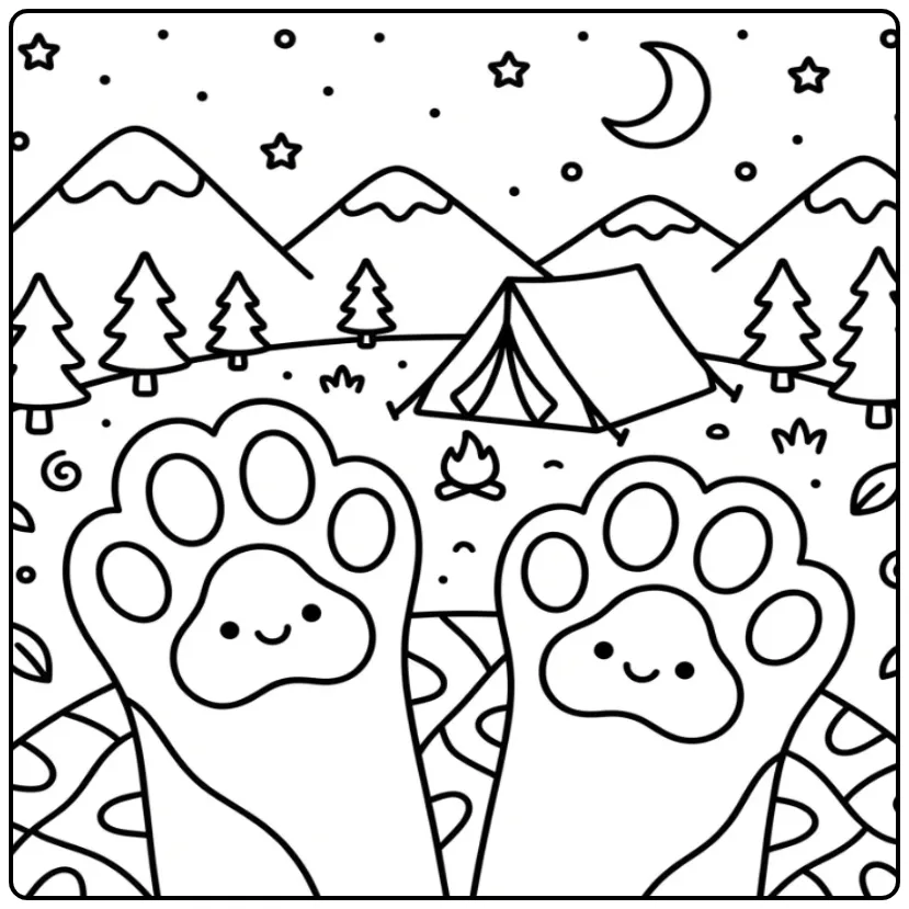 Cozy Camping Dog Paw Under the Stars coloring page