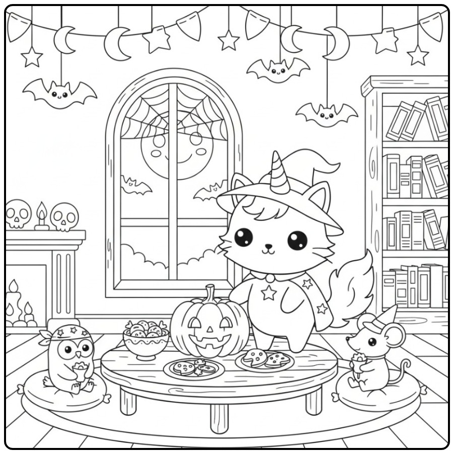 Cozy Unicorn Cat Halloween coloring page