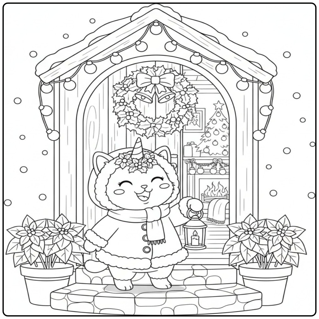 Cozy Eenhoornkat Christmas in the Snow coloring page