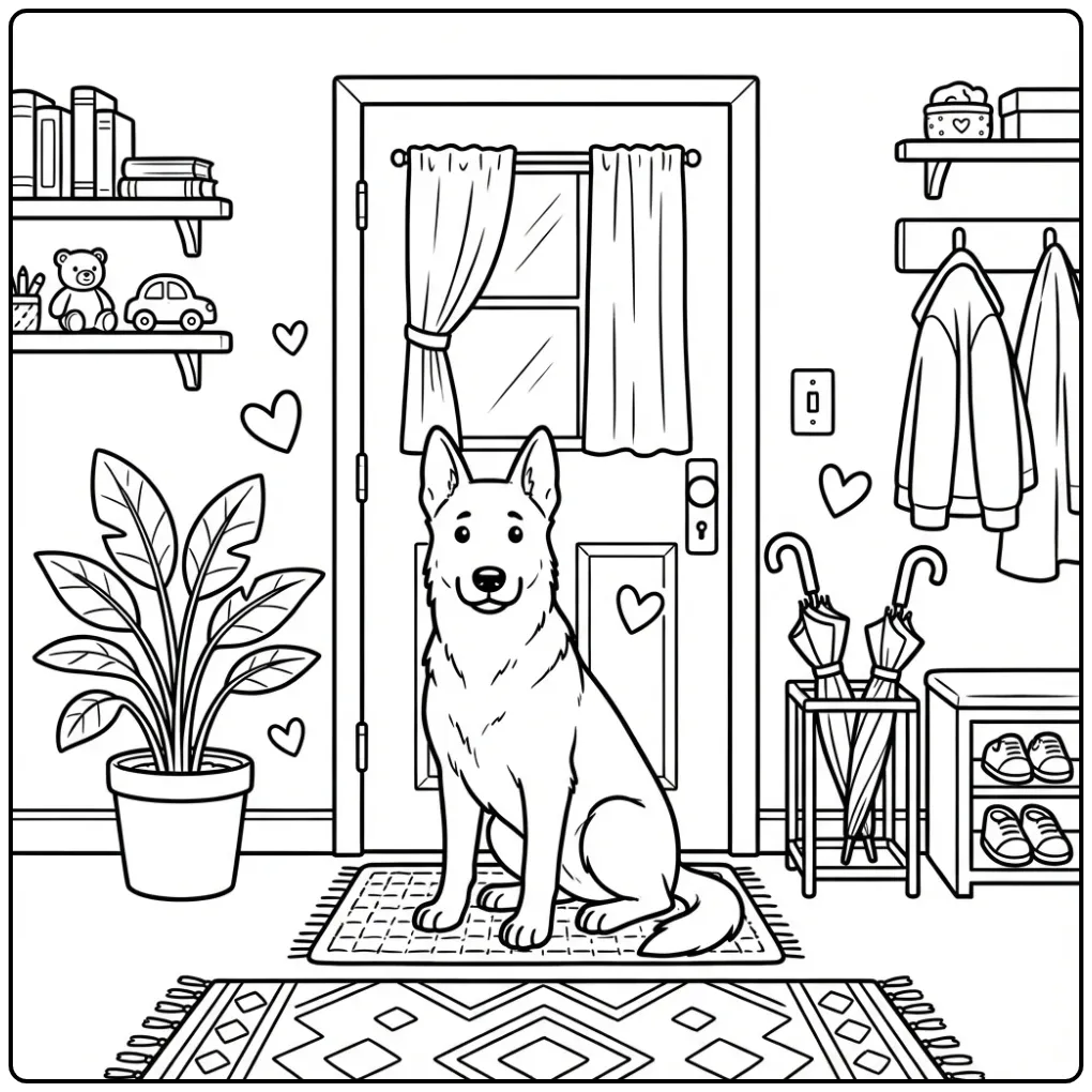 Dutch Shepherd Waiting on a Doormat coloring page