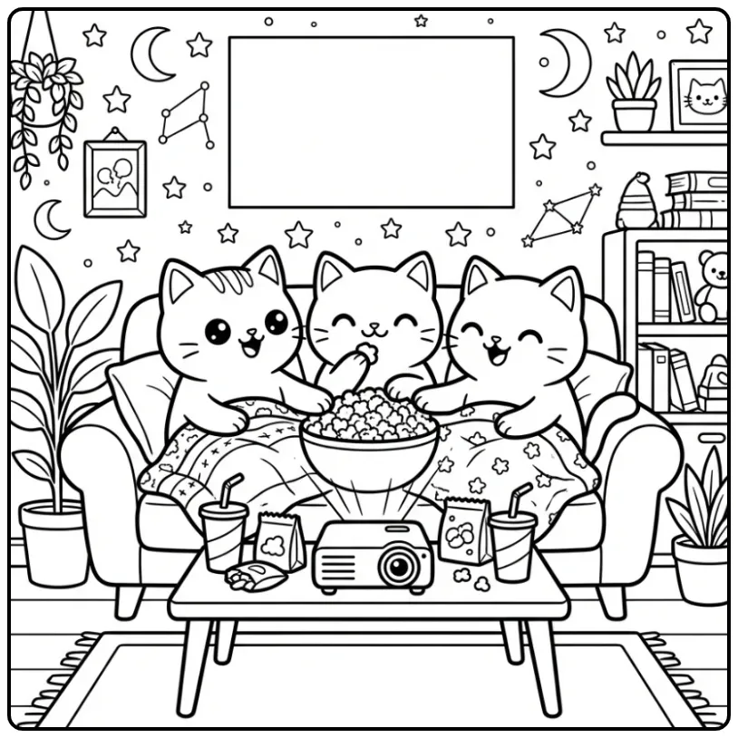 Cozy Movie Night Cats with Popcorn and Blankets coloring page