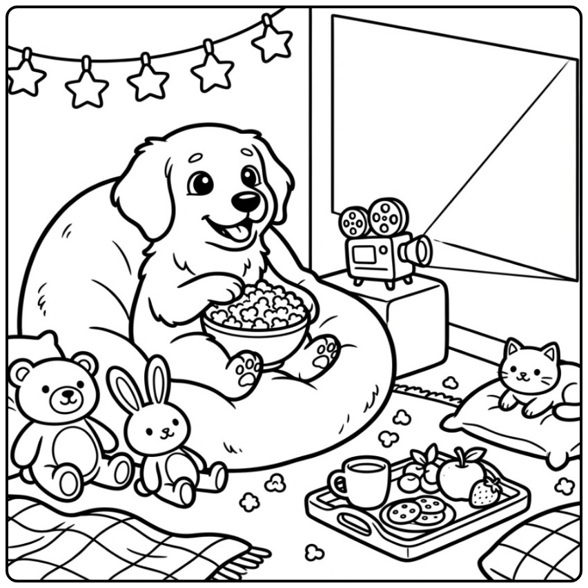 Cozy Movie Night Golden Retriever and Friends coloring page