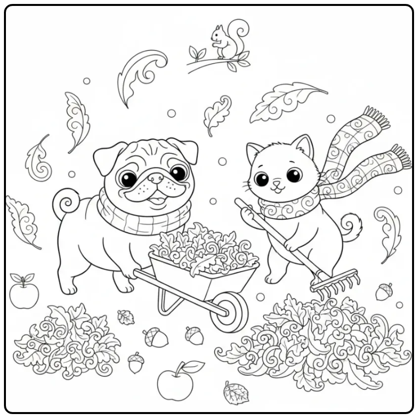 Pug and Kitten Raking Autumn Leaves coloring page