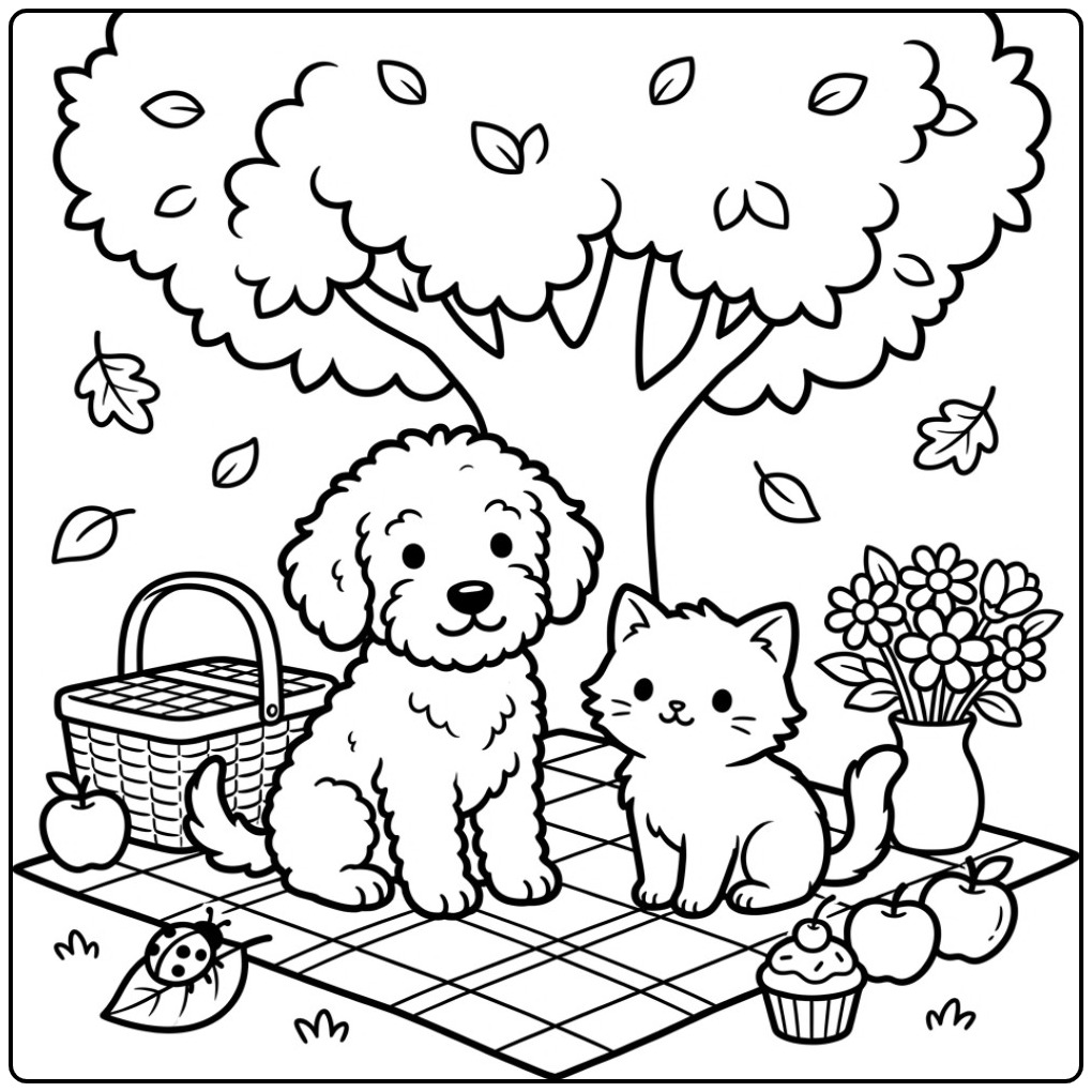 Labradoodle and Cat at an Autumn Picnic coloring page