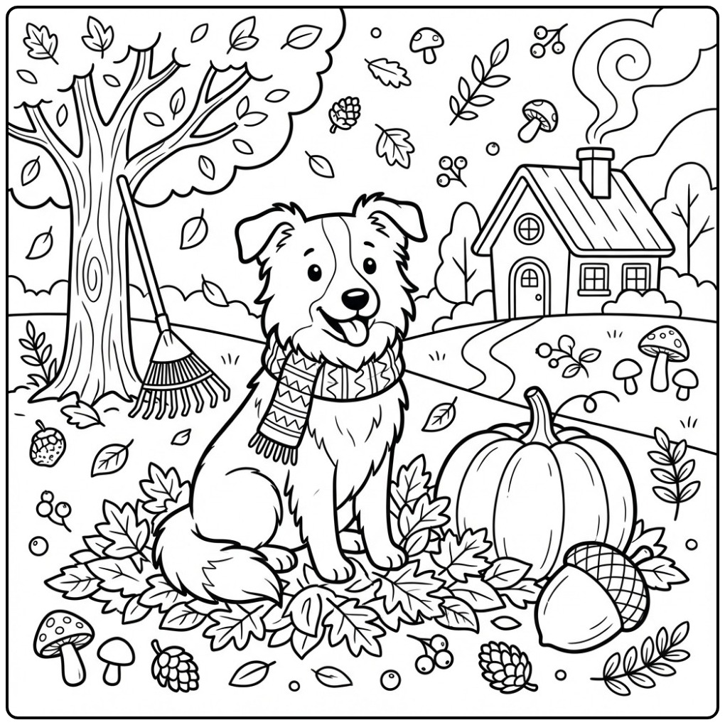 Border Collie in an Autumn Scene with a Scarf coloring page