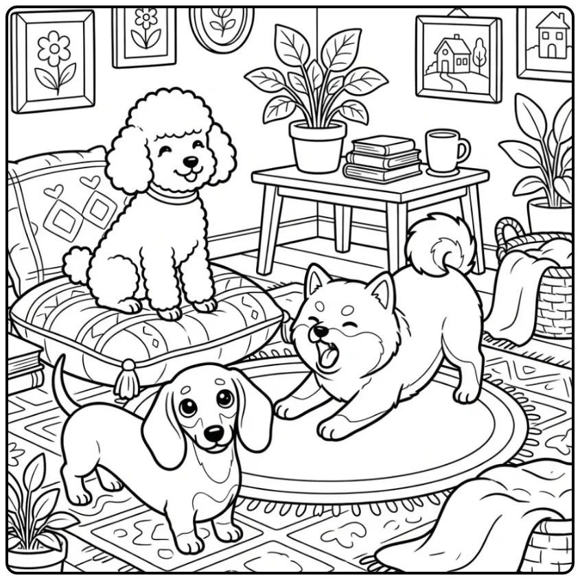 Cozy Living Room with Three Dogs coloring page