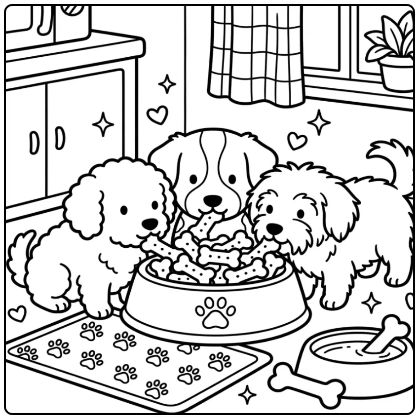 Dutch Dog Friends Sharing Treats in a Kitchen coloring page