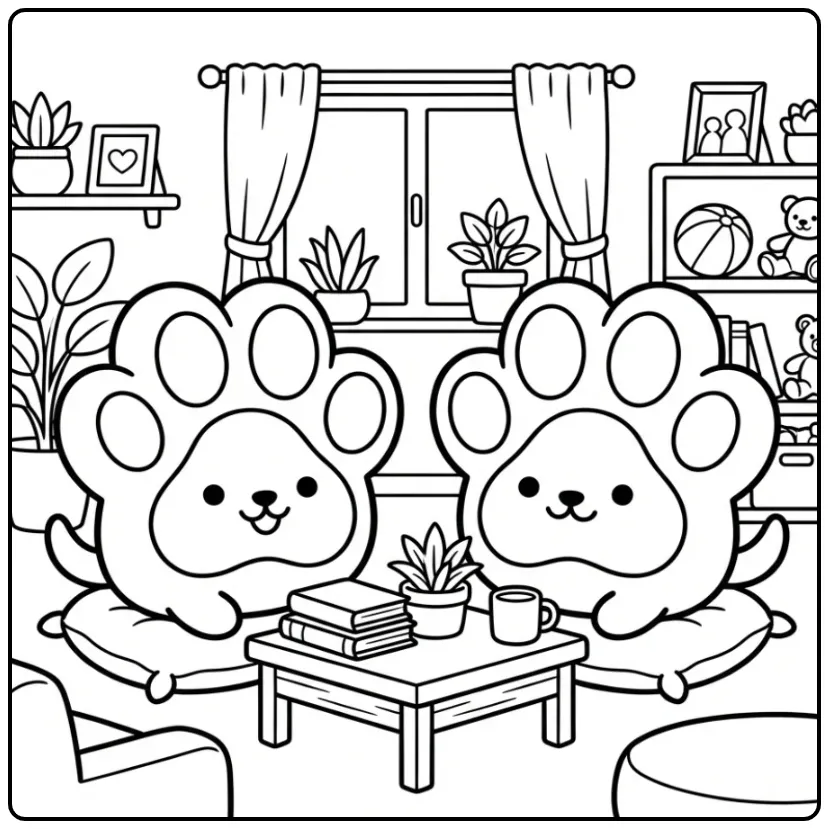 Cozy Dog Paw with Cushions and Plants coloring page