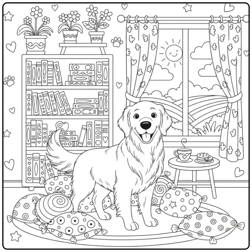 Golden Retriever in a Cozy Living Room coloring page