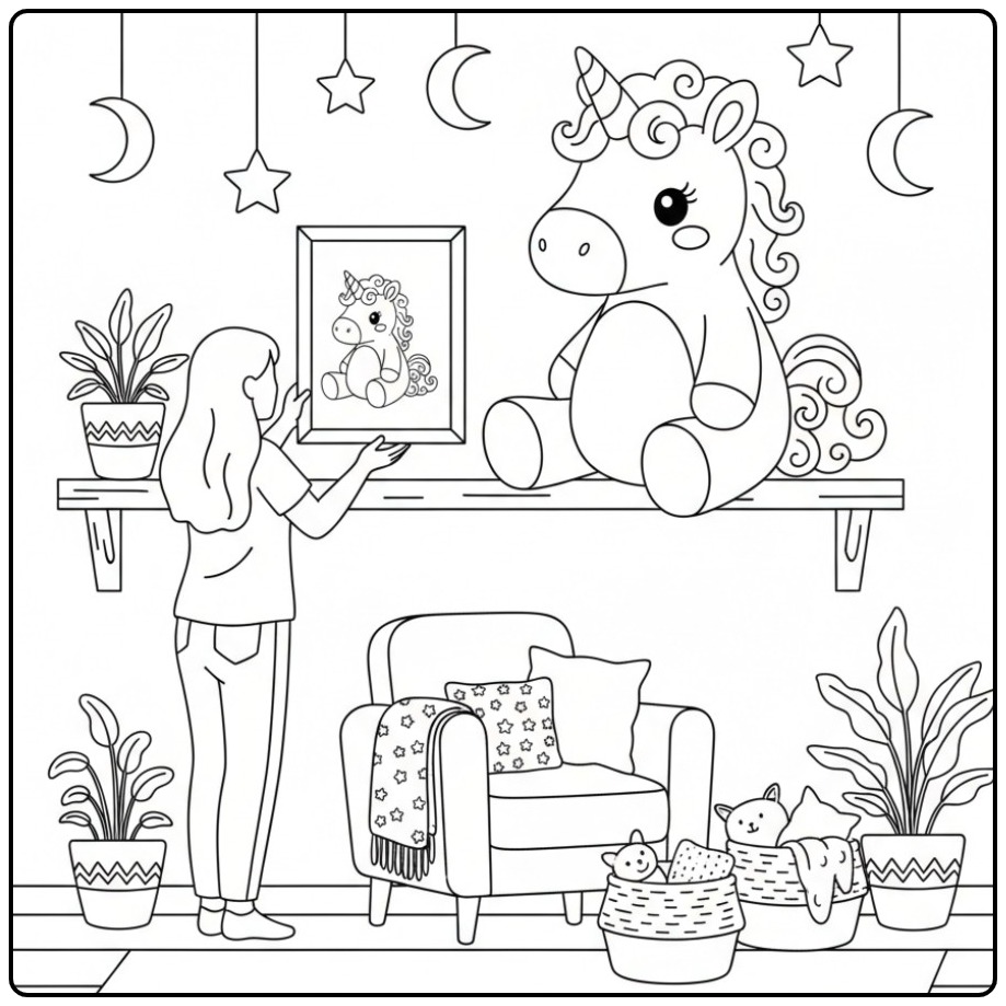 Cozy Room with Baby Unicorn and a Hug coloring page