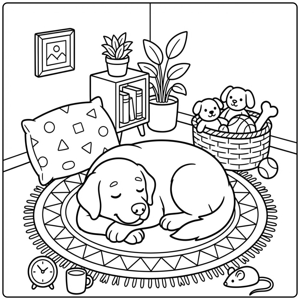 Cozy Room with a Dreaming Labrador Pup coloring page