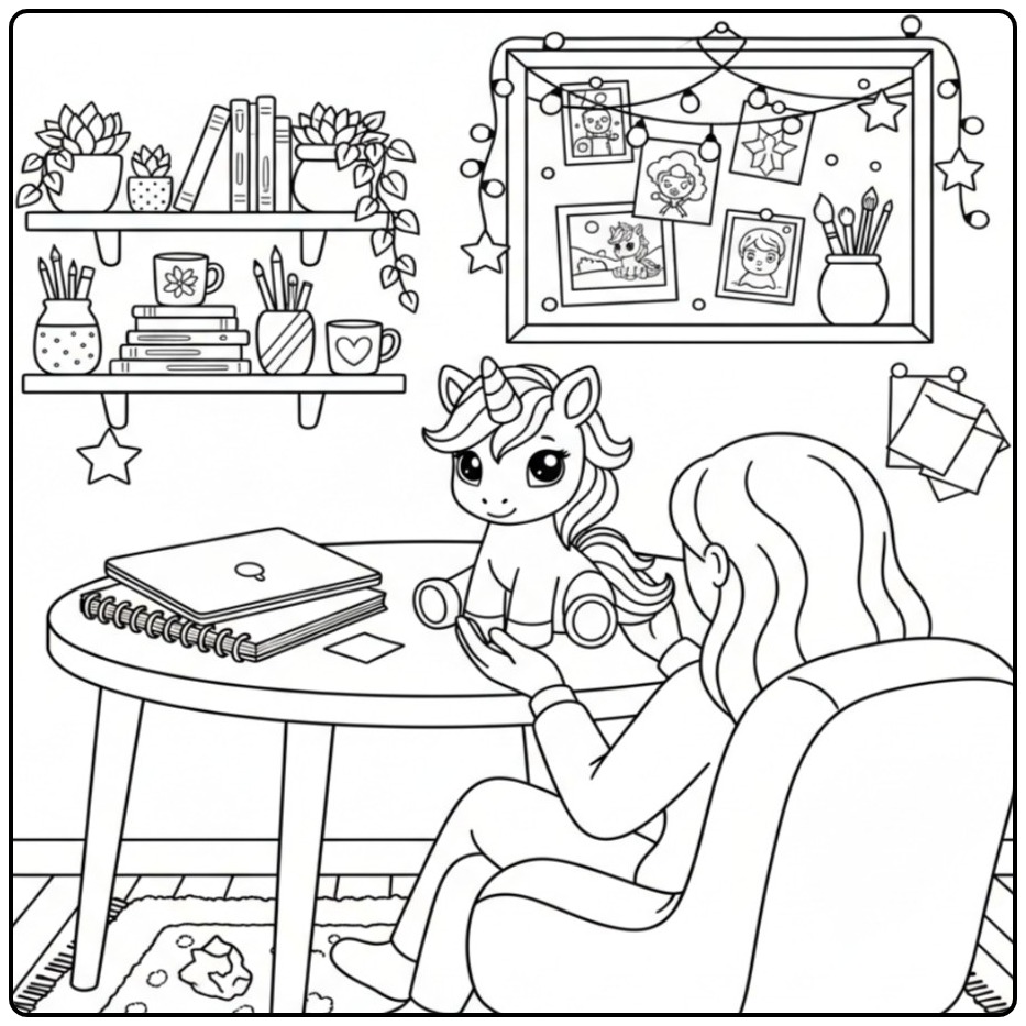 Cozy Room with a Magical Baby Unicorn coloring page