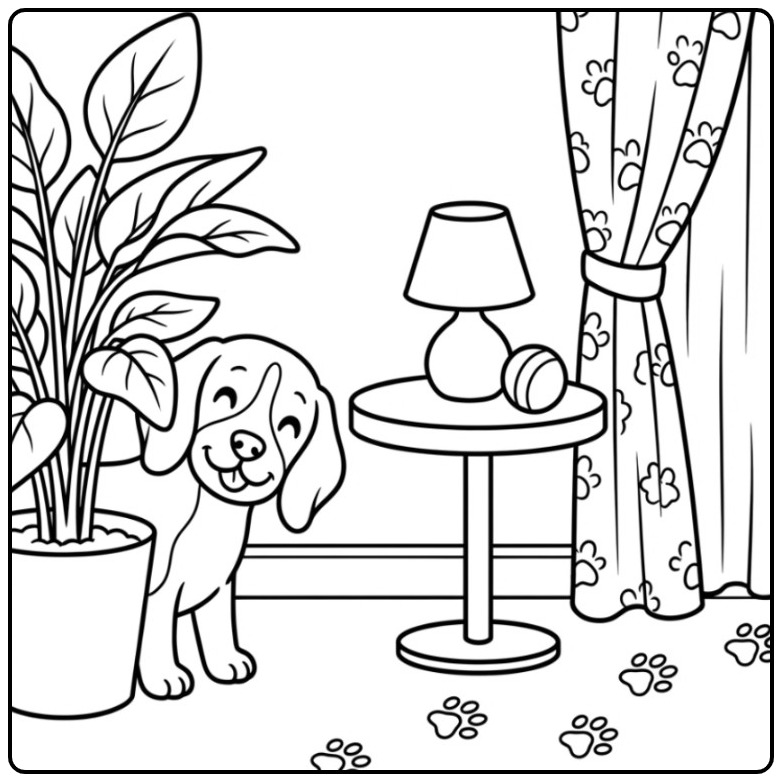 Cozy Room with a Playful Beagle Dog coloring page